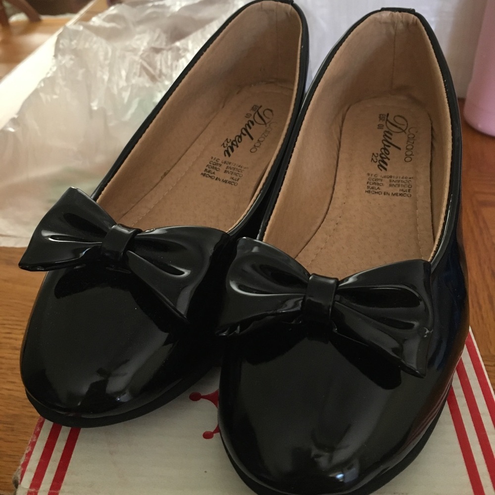 Leather/piel black bow girls heel shoes sz 18/22 mexican size